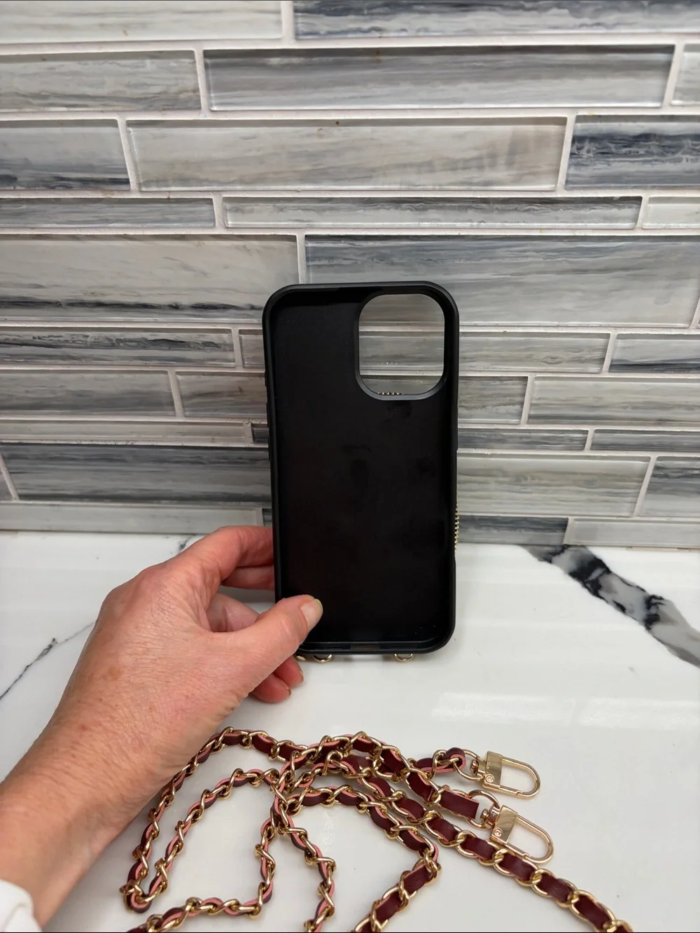 Quilted Burgundy Wallet Phone Case with Detachable Chain Strap